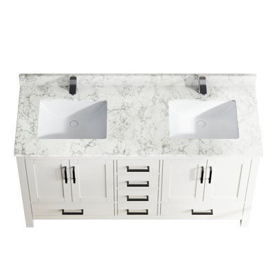 Meuble-lavabo 59 po avec lavabo double, trou de robinet, 4 portes, 6 tiroirs, couleur blanche, rangement caché multifonctionnel, bois massif, lavabo en céramique, meuble-lavabo moderne à comptoir, 4 portes et 6