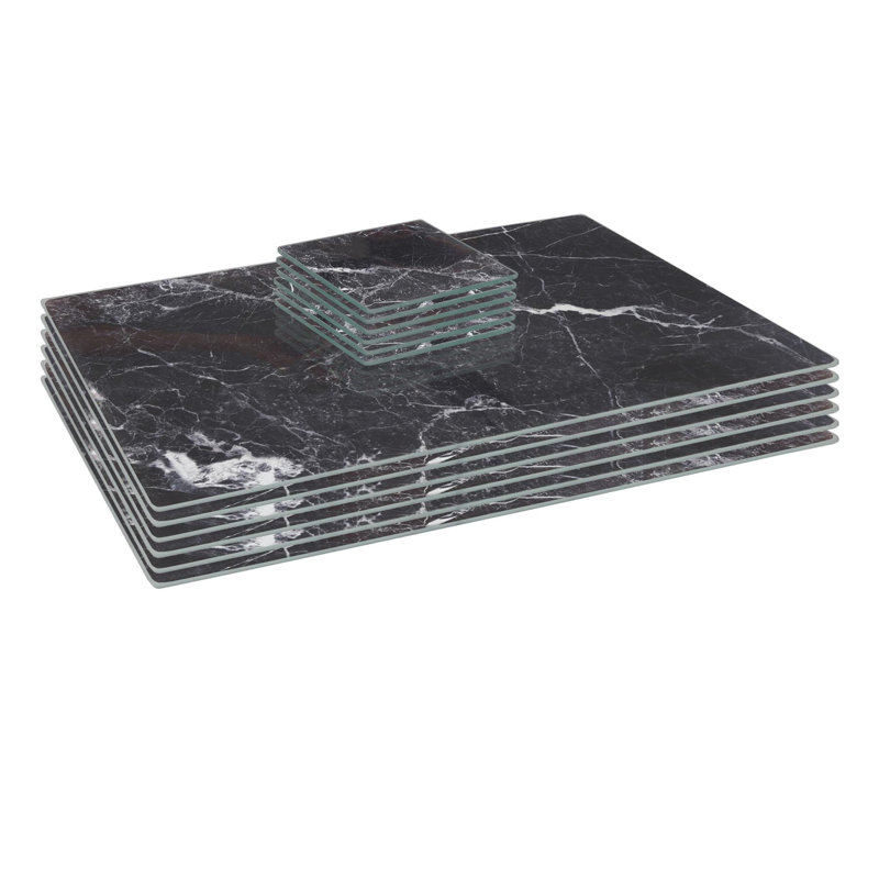 Harbour Housewares - Glass Placemats & Square Coasters Set, 40cm L x 30cm W, Black