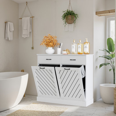 Armoire poubelle à double basculement 15 gallons, finition texturée, rangement caché pour la cuisine et le salon - blanc