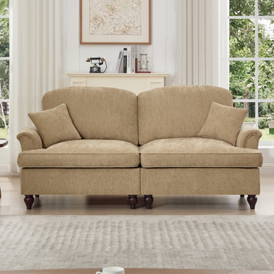 Elegant Mid Century Oversized Two Seater Sofa Couch with Flared Arms, Removable Skirts and Spindle Legs, Ideal for Living Room Comfort