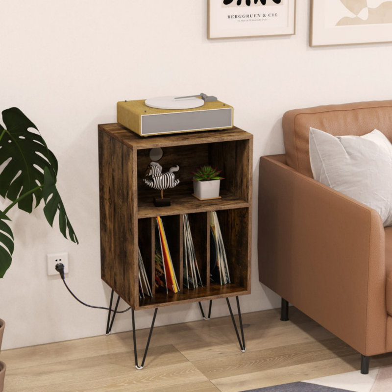 Support pour tourne-disque avec station de charge pour la chambre à coucher du salon, Brun rustique