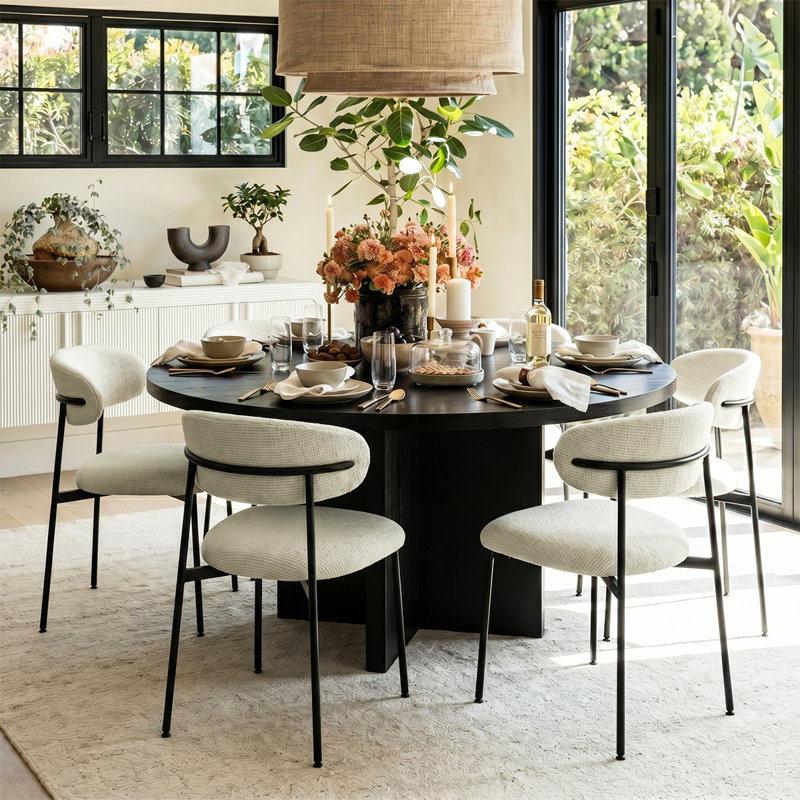 Modern 7-Piece Round Dining Set With Pedestal Base Table And Upholstered Curved Back Chairs, Beige
