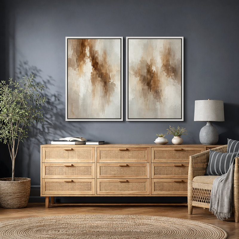 Vertical Earth Tone Abstract Artwork, Living Room Pictures, Framed Canvas Giclee Print Wall Art, White Floater Frame