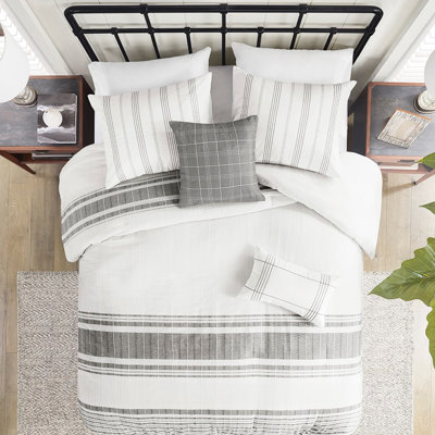 Housse de couette en coton très grand / très grand - gris + blanc 100% coussins tissés à rayures avec attaches internes Entretien facile sans fermeture à boutons horizontale blanche / grise 5 pièces
