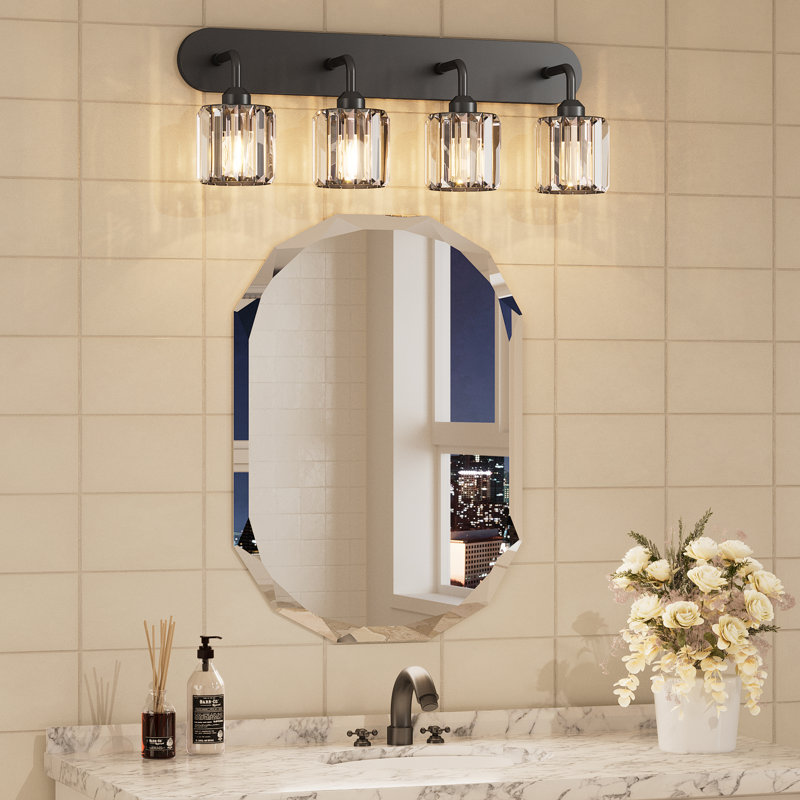 Éclairage de meuble-lavabo à intensité variable avec abat-jour en cristal, Noir mat, Quatre lumières
