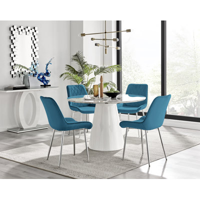 Marble Effect Wood Pedestal Dining Table Set with 4 Upholstered Dining Chairs