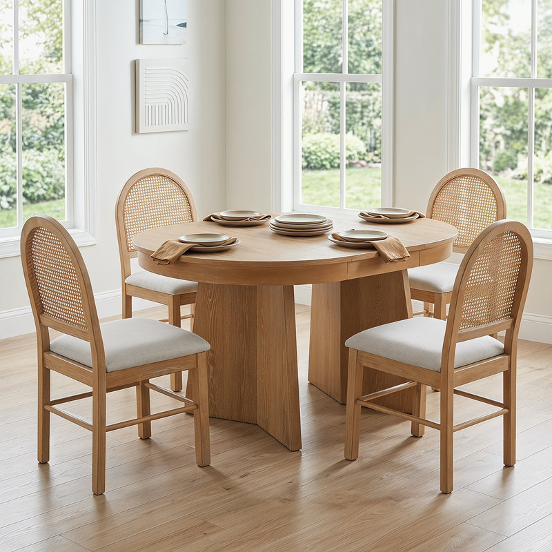Table de salle à manger réglable ronde à ovale avec 4 chaises en rotin - parfaite pour les repas en famille