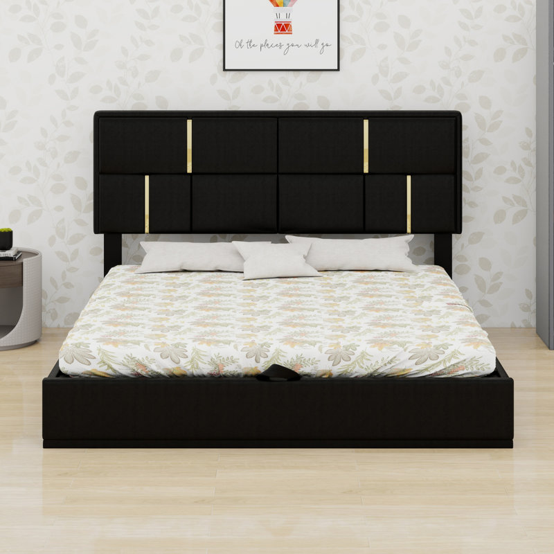 Upholstered Platform Bed With Hydraulic Storage System, Black