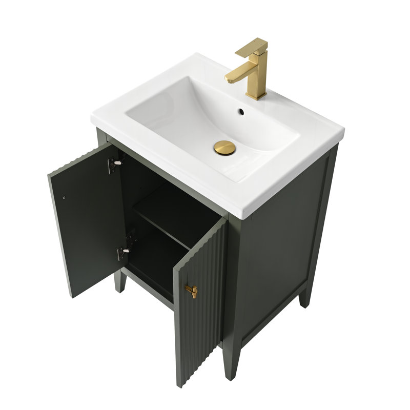 Ensemble de meuble-lavabo sur pied lavabo simple 24 po avec plateau en céramique blanche, Linéaire vert rétro, Doré brossé