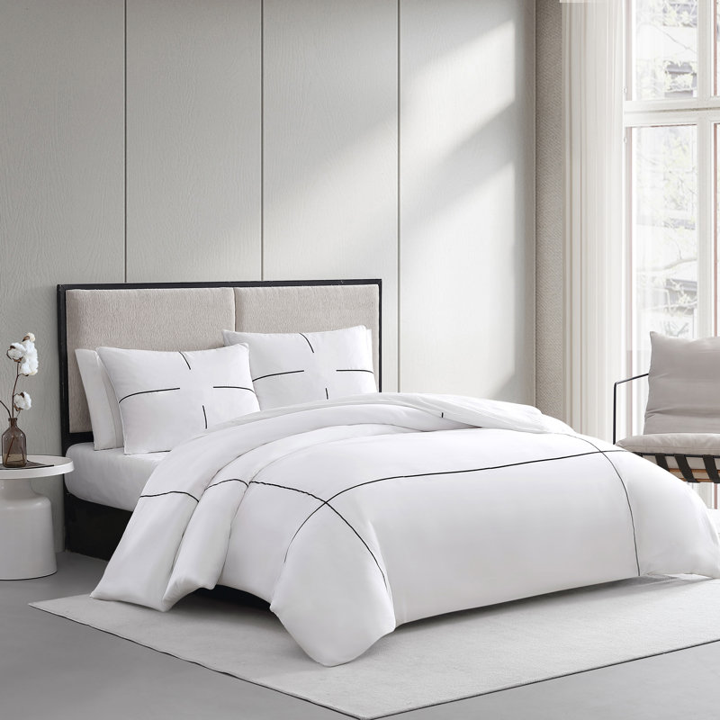 Vera Wang Zig Zag White Cotton Comforter Set, King Comforter + 2 King Shams