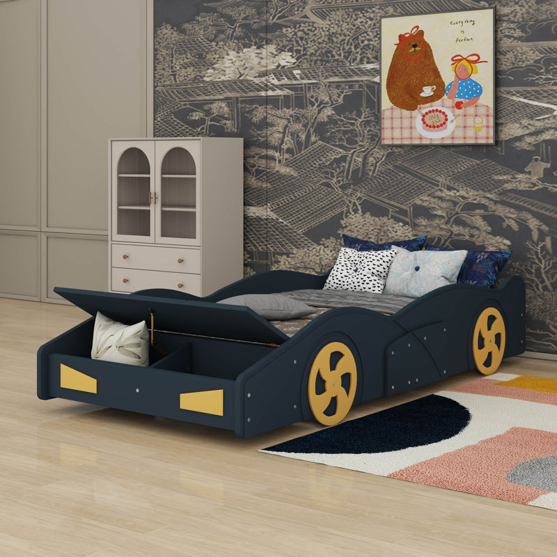 Car-Shaped Platform Bed With Wheels And Storage, Dark Blue/Yellow, Twin