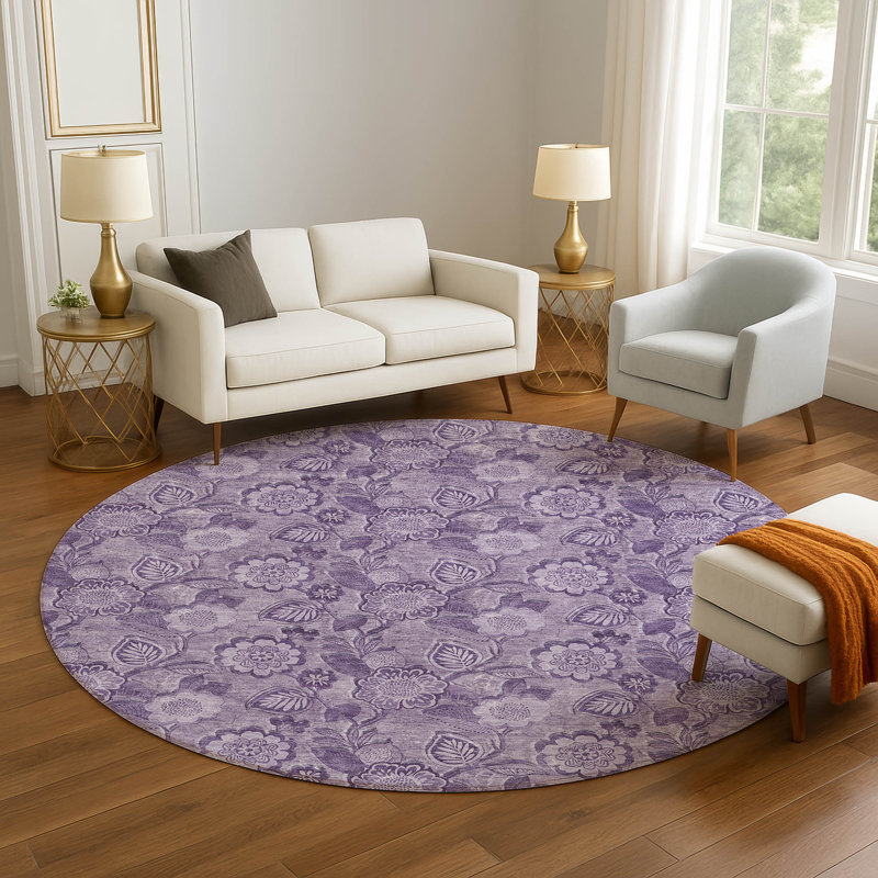 Premium Machine Washable Ralston AMF1939 Floral Rug, Round 8'