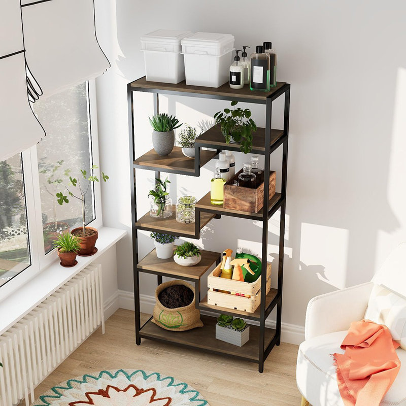 Bookshelf With Storage - 7 Tier Rustic Staggered Bookc...