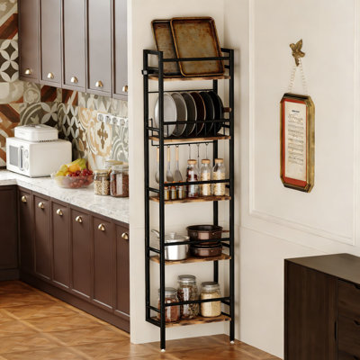5-Tier Freestanding Or Wall Mounted Wine Rack, Holds 60 Bottles With Safety Fences, Industrial Metal And Wood Storage Shelf For Kitchen, Bar, Dining Room