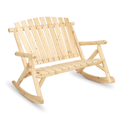 Outdoor Rocking Bench, 2-Person Rustic Adirondack Log Rocker With Slatted Seat, Backrest/Armrests, Double Patio Porch Rocking Loveseat For Garden Back by Millwood Pines