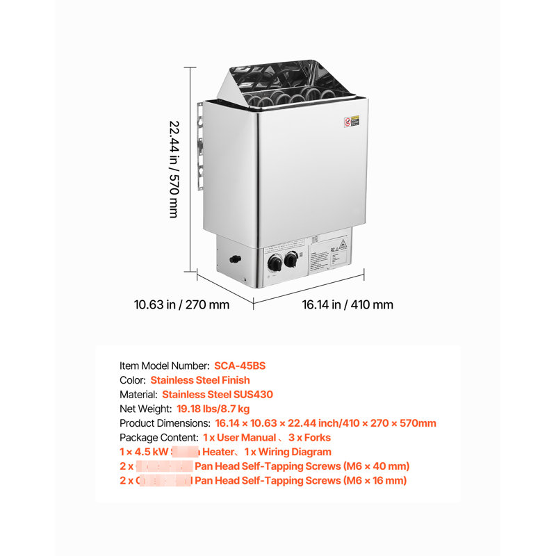 Heater 4.5kw 240v, Fit 105 To 210 Cu.ft Saunas, Dry Steam Bath With Pre - Drilled Bracket, 304 Stainless Steel Heating Element For Fast And Even Heat Electric Stove Ideal Element, Bracket Easy