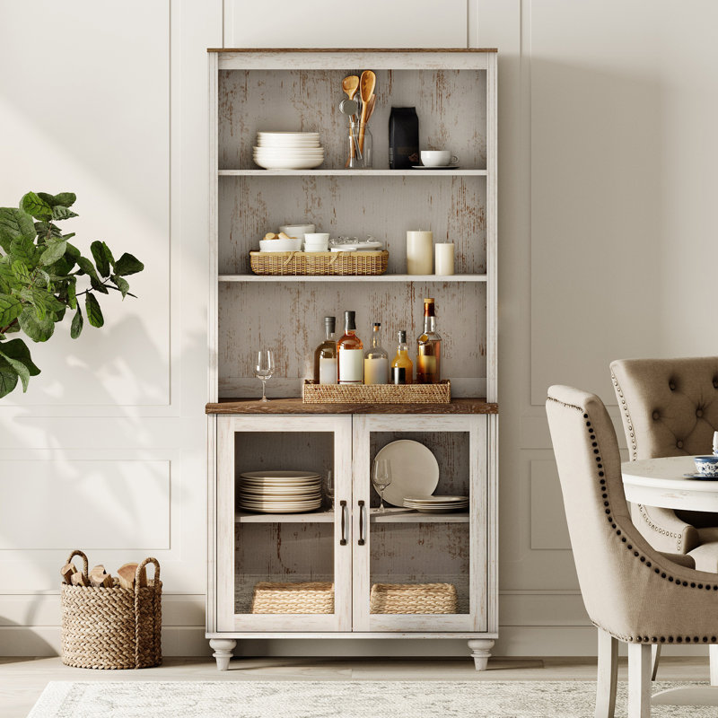 Scarlett Sideboard Cabinet With Bar Hutch, Buffet Cabinet With Glass Doors And 5 Tier Shelve, 34'', Rustic White