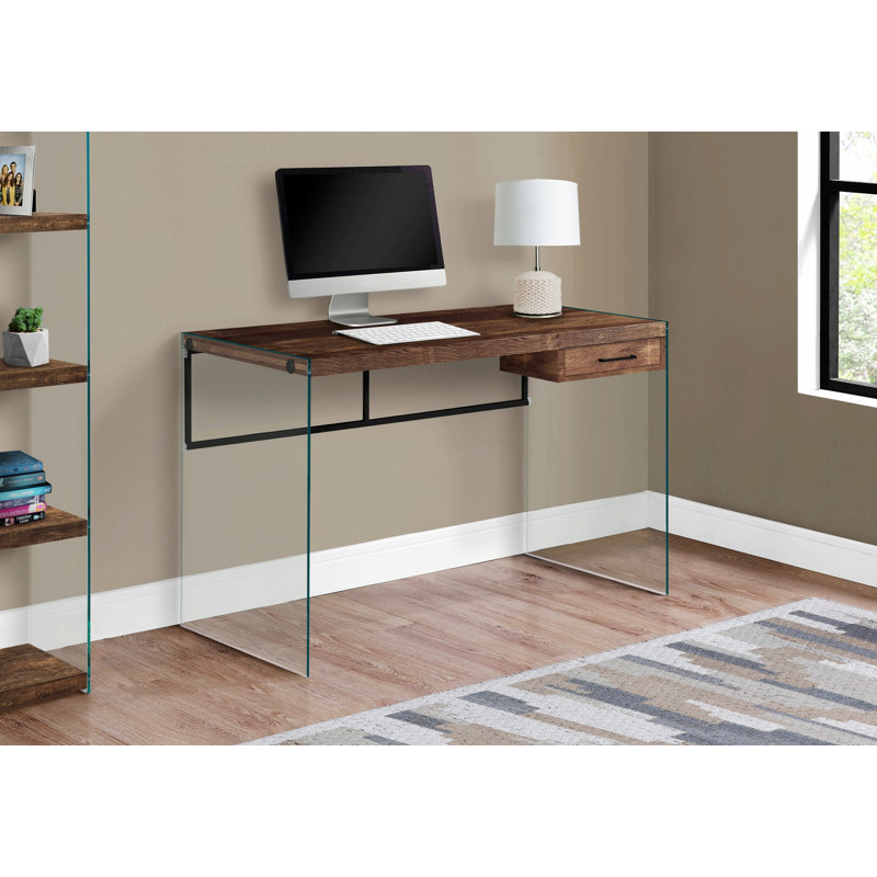 Bureau d'ordinateur, bureau à domicile, bureau d'écriture en verre trempé avec tiroirs de rangement, Brun