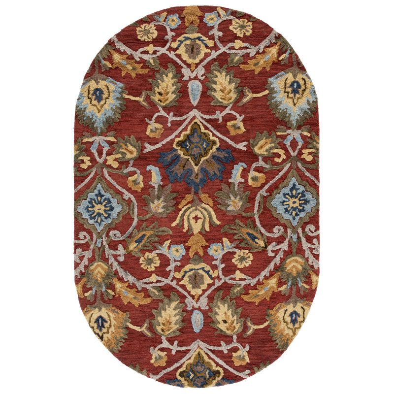 Haimes Hand Tufted Wool Floral Rug, Oval 5' x 8', Red/Orange