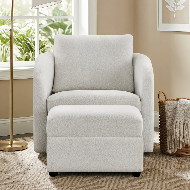 33" W Modern Upholstered Swivel Armchair With Ottoman, Cream