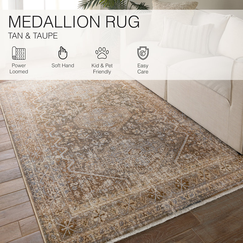 Clemente Oriental Machine Woven Polypropylene Area Rug in Tan/Taupe, Rectangle 10' x 14'