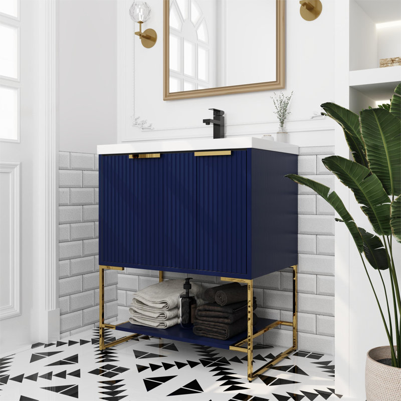 Millur 30'' Single Bathroom Vanity with Resin  Basin Top,2 Soft Close Doors and Open Shelf, Blue, Gold
