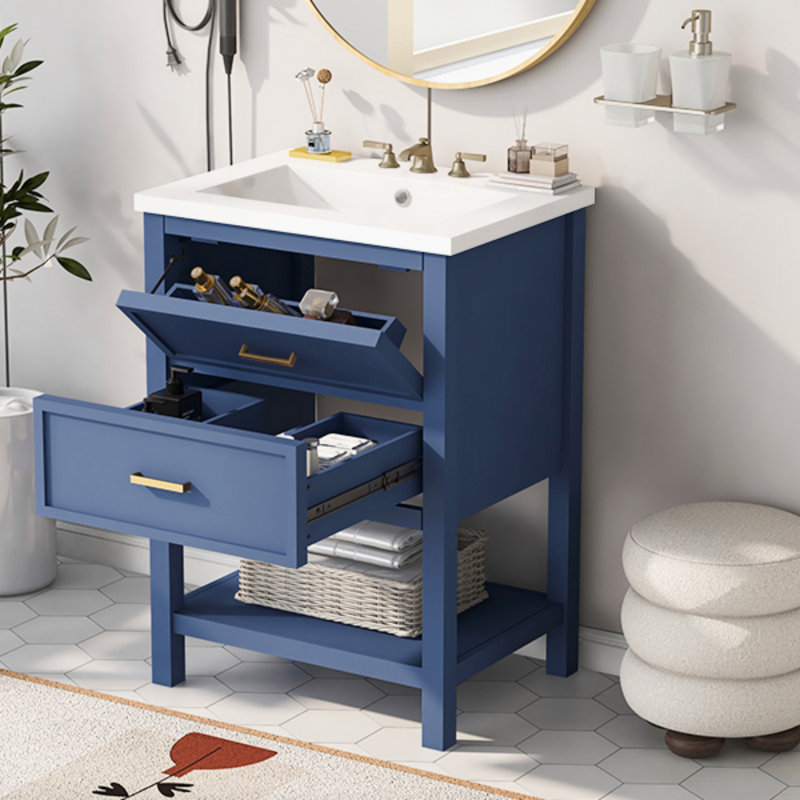 Meuble-lavabo 24 po avec lavabo supérieur, meuble-lavabo moderne avec 2 tiroirs et meuble-lavabo simple, Bleu