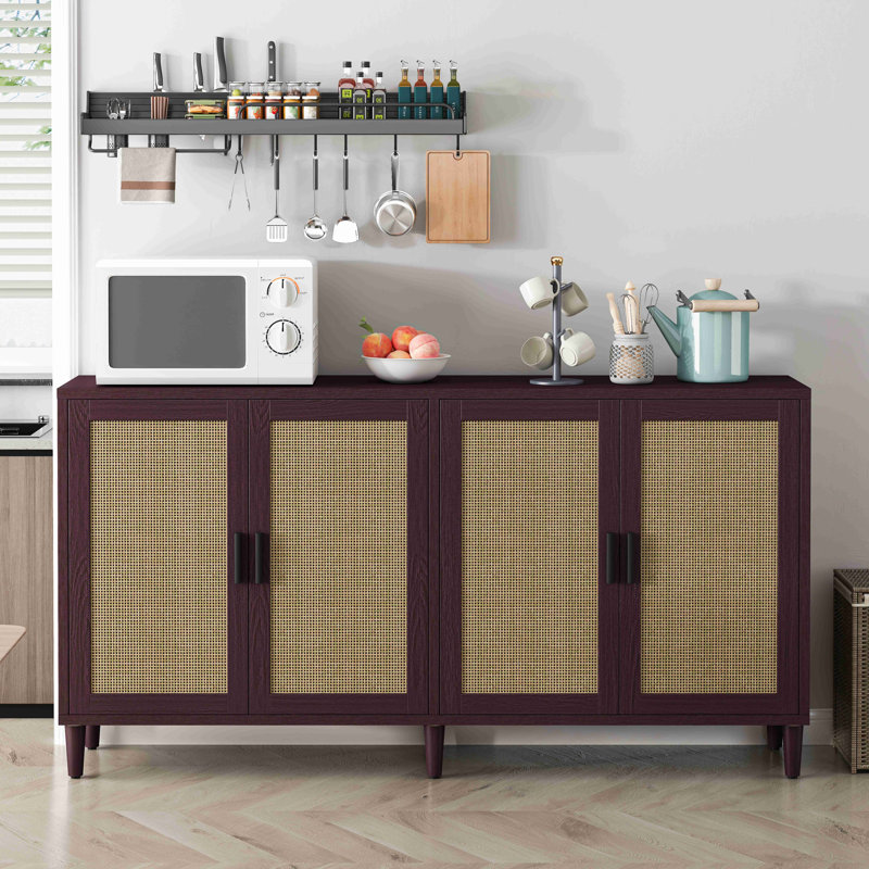 70" Rattan Buffet Cabinet With Storage, 4-Door Sideboard Buffet Cabinet With Adjustable Shelves For Kitchen, Living Room And Dining Room, Easy Assembly
