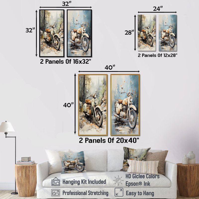 Scooter classique rétro - ensemble de 2 reproductions d'art mural, H 28 po x l 25 po, Encadrement brun