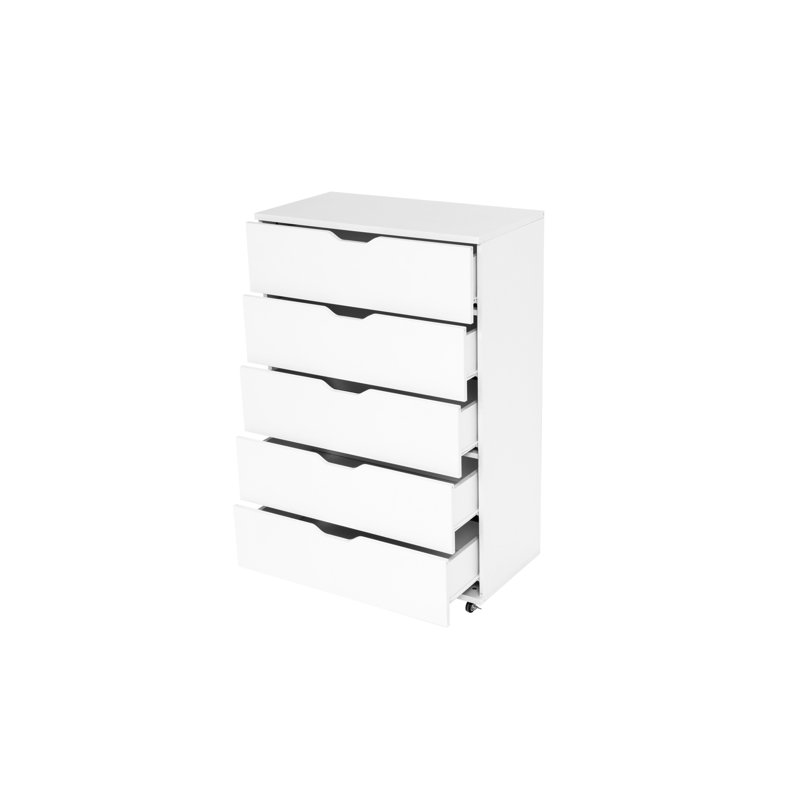 Commode de rangement blanche à 5 tiroirs avec roulettes - Armoire de rangement moderne, White