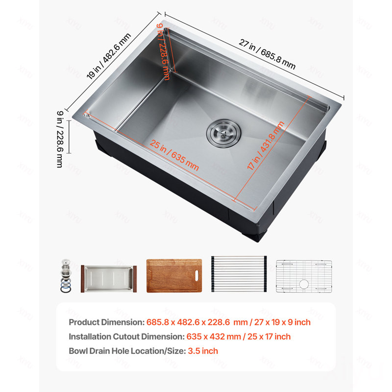 Poste de travail d'évier de cuisine de 27 pouces, évier encastré en acier inoxydable 304, cuve de ferme à simple cuve avec rebord et accessoires multiples, éviers de lave-vaisselle pour véhicules récréatifs, cuisine de préparation