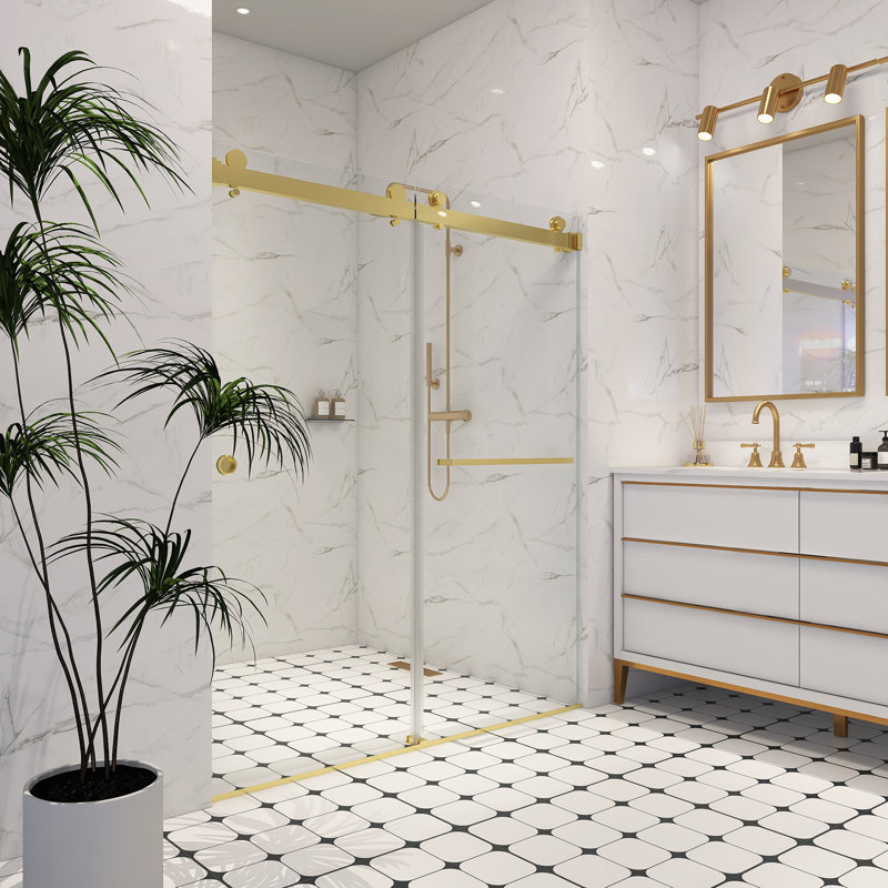 55" - 59" X 72" Frameless Double Sliding Shower Door With 8Mm Tempered Glass, Brushed Gold