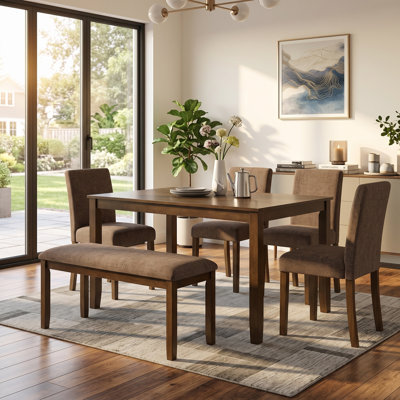 KELVIO 6-Piece Farmhouse Dining Table Set with 4 Upholstered Chairs and Bench, Seats 6