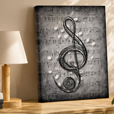Canvas A Textured Black And White Illustration Featuring A Prominent Treble Wall Art Clef Intertwined With Flowing Musical Notes Set Canvas Wall Art