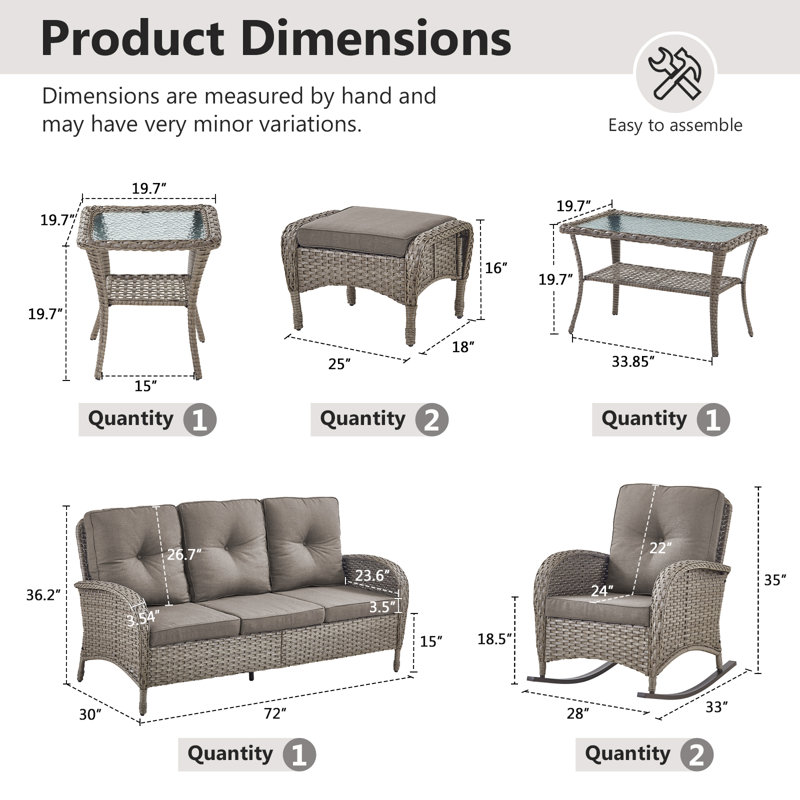 7-Pieces Outdoor Courtyard Wicker Sofa Conversation Set With Rocking Chairs, Gray, Gray