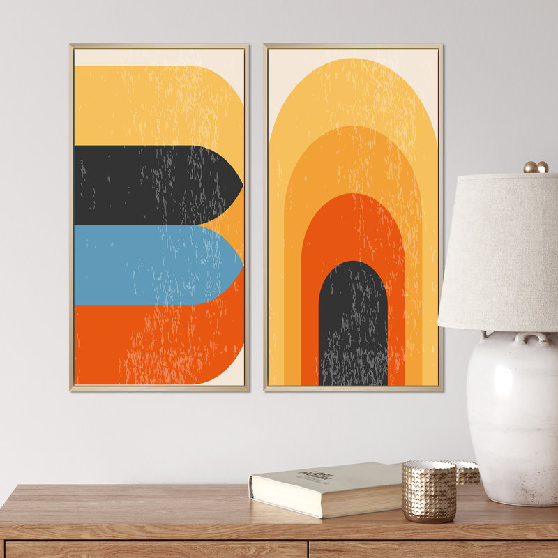 Minimal 20S Bauhaus Geometric X - ensemble de 2 peintures, H 20 po x l 24 po x P 1 po, Cadre brun