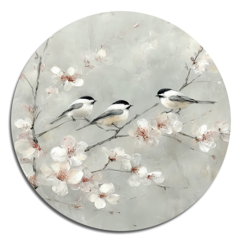 Inséparables chantant sur une branche de fleur de cerisier - art mural rond en métal à motif floral, L 29 po x H 29 po