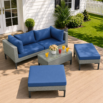  5-Piece Outdoor Wicker Patio Conversation Set with Aluminum Frame, Modular Sectional Sofa with 2 Corner Sofas, 2 Ottomans & Coffee Table, Plush Cushions, Stackable Rattan Furniture for Patio, Poolside, Garden - Gray/Blue