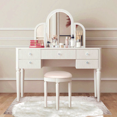 Mirrored Vanity With Led Light, Bedroom Makeup Vanity Table Set White Color For Bedroom/Makeup Room, Working Desk For Women, Girl Furniture Combo, Vanity Table Makeup