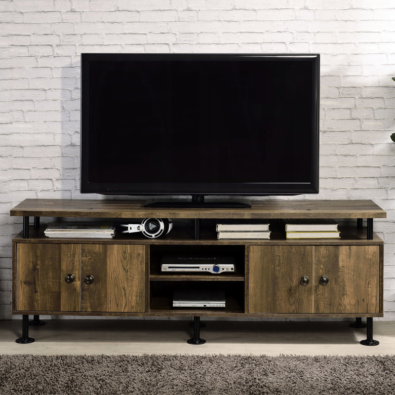 Meuble télé rustique à 2 tablettes avec décorations en métal et rangement pour téléviseurs industriels de 60 po en chêne noir
