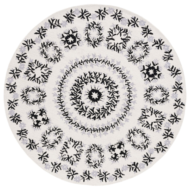Tapis floral en laine touffeté à la main ivoire / noir, Rond 6 pi