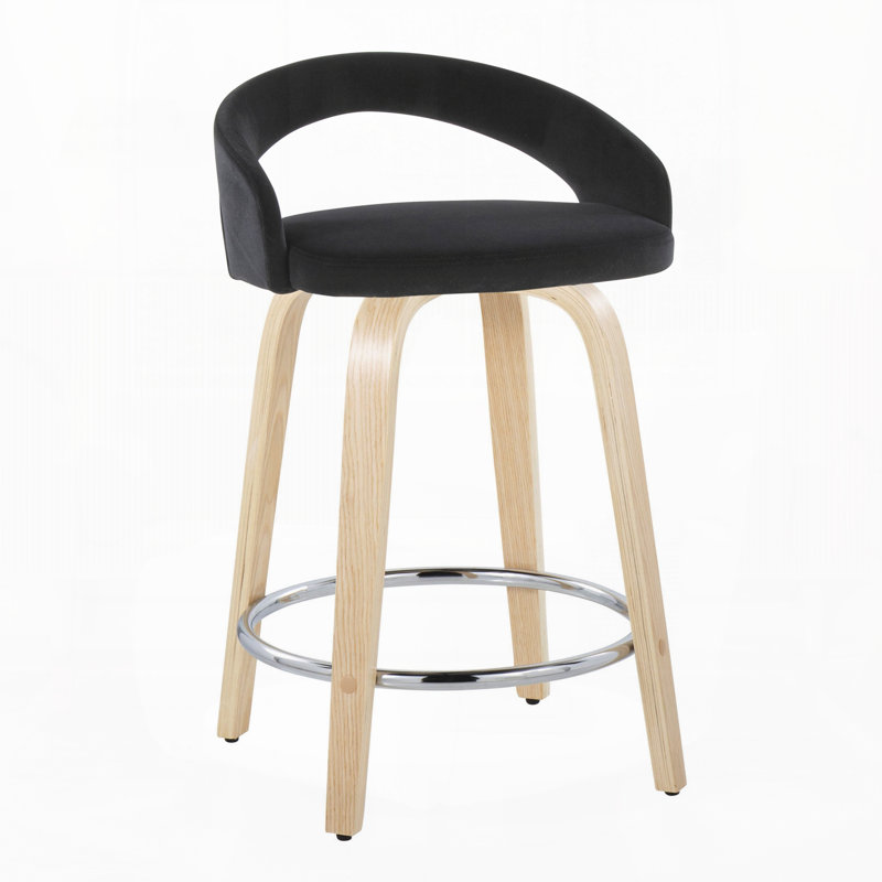 Tabouret de bar pivotant à hauteur fixe en bois naturel et velours noir avec repose-pieds ronds en métal chromé, lot de 2