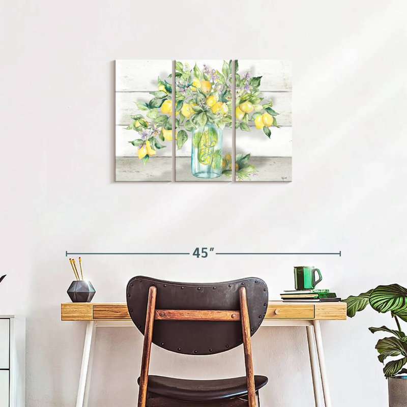 «Watercolor Lemons in Mason Jar Landscape», impression sur toile tendue 3 pièces, H 20 po x l 33 po