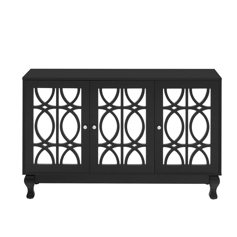 Console de divertissement en miroir pour téléviseurs de 55 po, 3 armoires, pieds en bois massif, tablette réglable grande surface