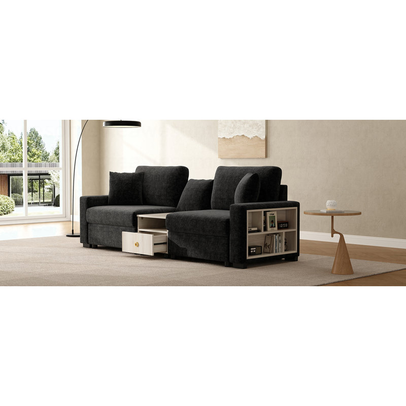 Canapé modulaire rembourré 95,7 po avec accoudoirs de rangement et console centrale pour salon Modern, Chenille noir