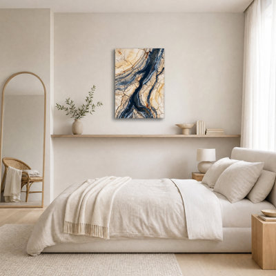 Tableau sur toile à motif craquelé organique beige et bleu foncé