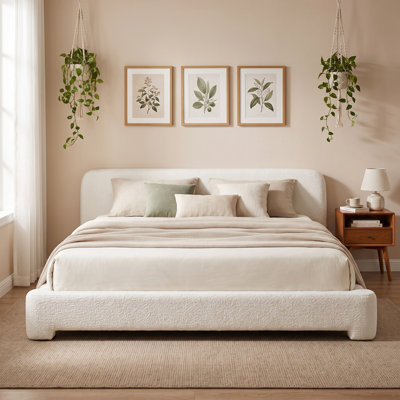 King Size Bouclé Bed Frame, Modern Upholstered Platform Bed Frame, Soft Bed Frame with Enclosed Wood Base, No Box Spring Needed, 600 lbs Support, White