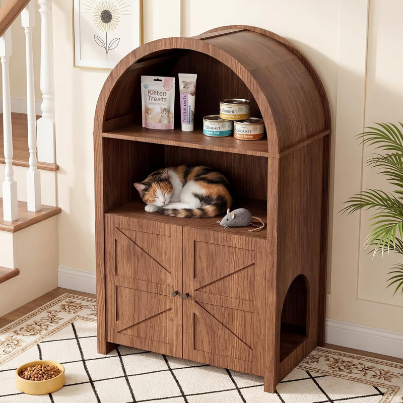 Farmhouse Cat Litter Box Enclosure, Walnut Arched Cabinet with Dual Side Entry & 2 Open Shelves