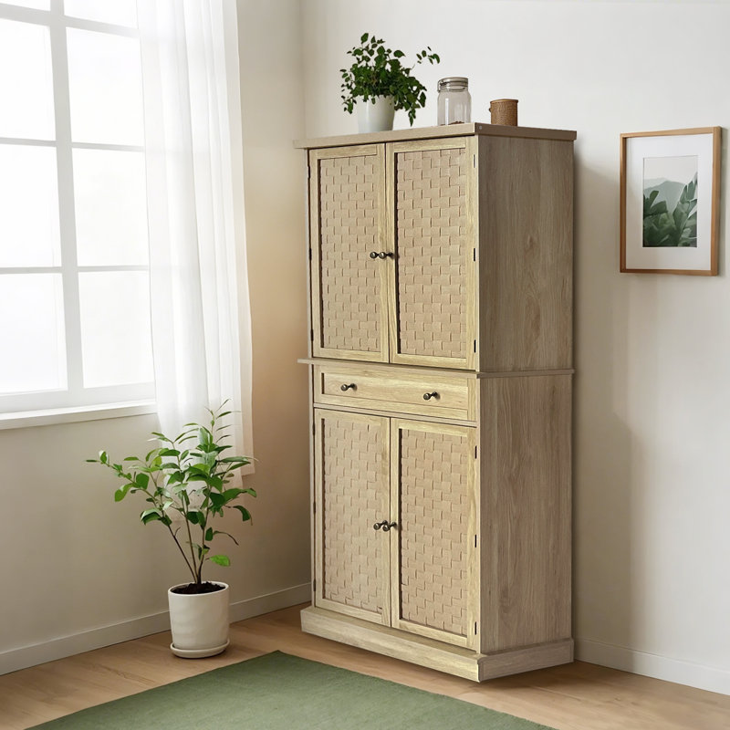 72 Inch Kitchen Pantry Cabinet, Rattan Door Farmhouse Storage Cabinet with a Large Drawer, Freestanding Wooden Kitchen Cupboard with Adjustable Shelves for Dining Room, Hallway