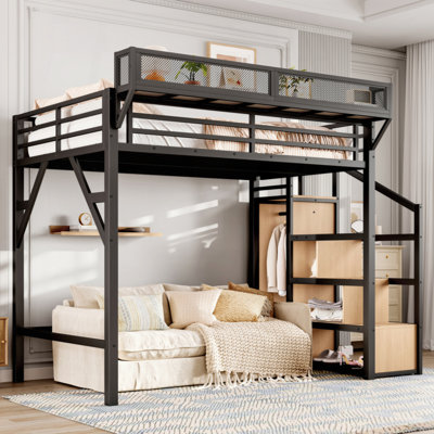 Lit mezzanine peu encombrant avec rangement intégré - ports USB et bande lumineuse à DEL, barrières de sécurité et structure en métal robuste pour adolescents / étudiants / dortoirs